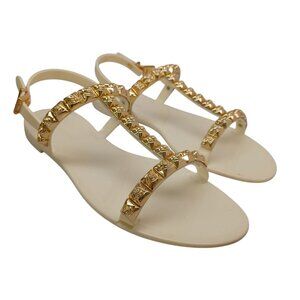 Stuart Weitzman Jelrose Studded T-Strap Jelly Sandals White with Gold Roses 8
